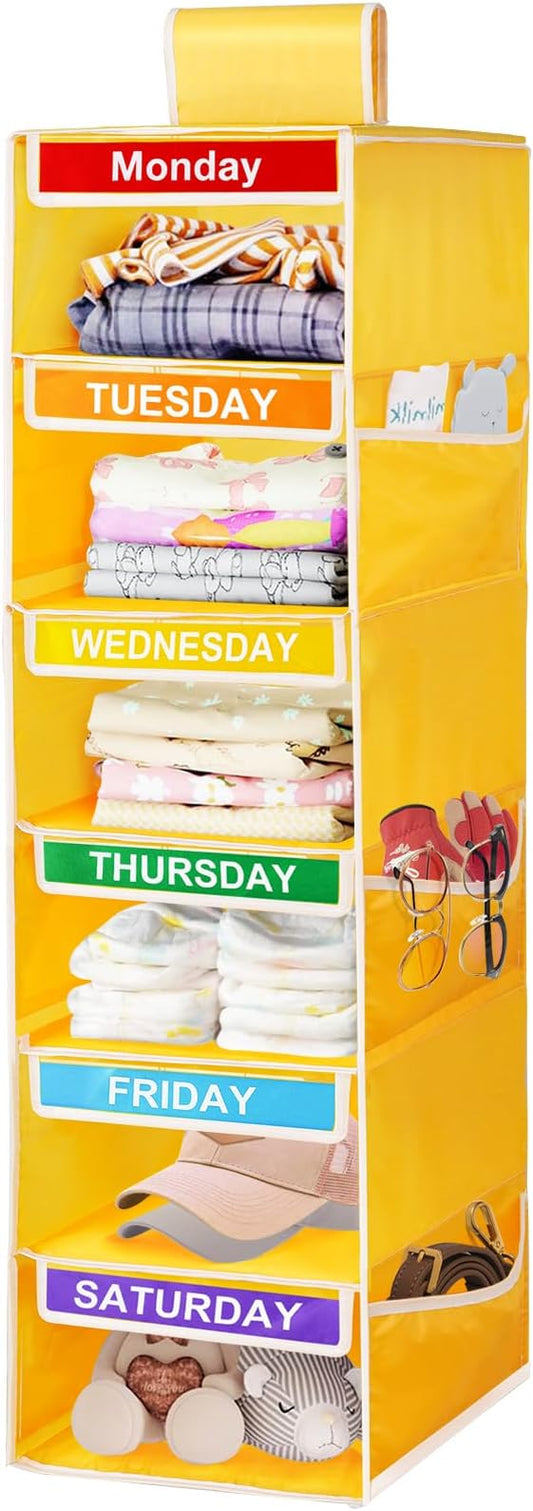 6-Shelf Weekly Closet Hanging Organizer for Kids, YOCOMEY 6-Grid Days of the Week Baby Kids Clothing Organizer Monday through Saturday, Foldable Oxford Cloth Closet Clothes Weekday Storage (New Yellow-NeatNest