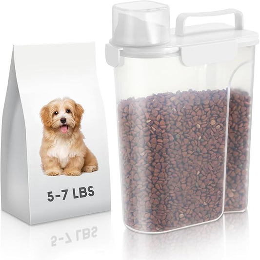 5-7Lbs Dog Cat Food Storage Container with Upgraded Large Nozzle BPA-free, 4 Snap Seals Plastic Pet Food Storage Containers with Handles (1, White, 5L)-NeatNest