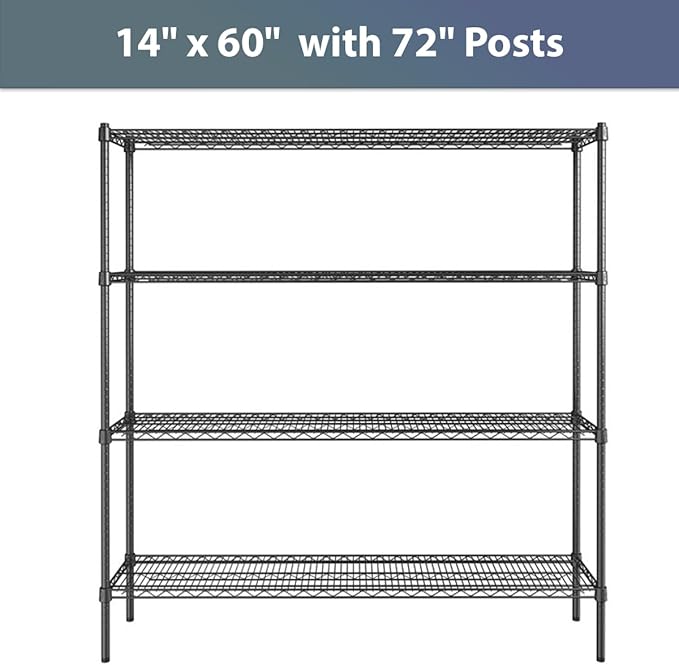 14" x 60" NSF Black Epoxy 4-Shelf Kit with 72" Posts, Commercial Storage Rack Unit, Heavy Duty Storage Shelving, Wire Shelving Kit, Adjustable Rack Strong Steel, Multipurpose Wire Shelf
