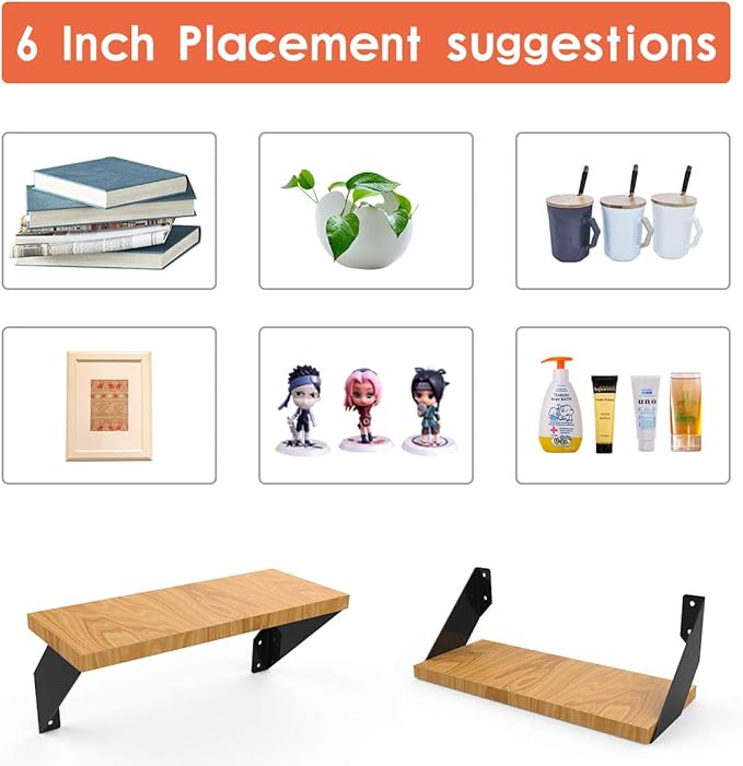Floating Shelf Brackets 6 Inch for 6-8 Inch Board Flat Angle Curved Decorative Shelf Brackets Heavy Duty Floating Industrial Shelves L Brackets Rustic Farmhouse Black (4-Pack Hardware Only)-NeatNest