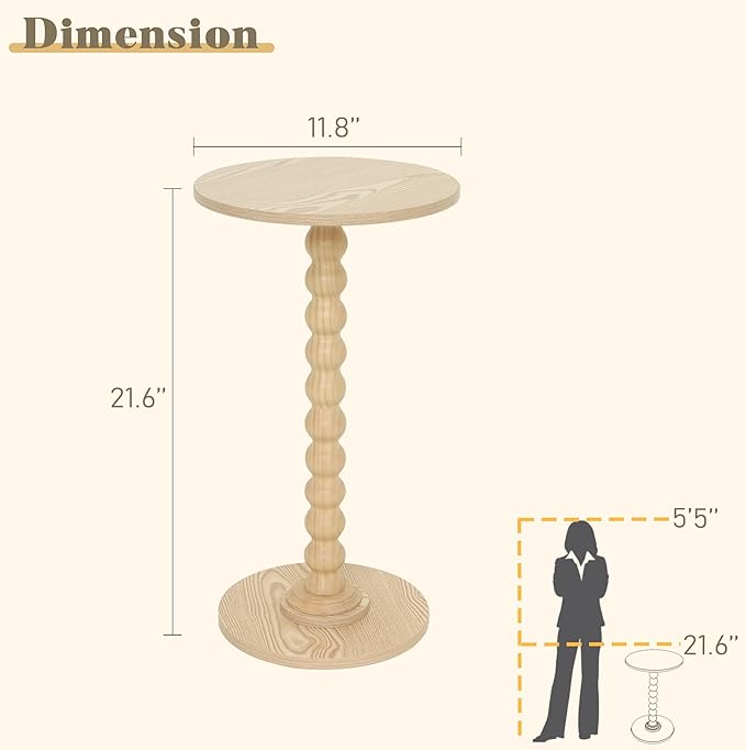 Round Side Table, Small Drink Table for Small Spaces, Modern Accent End Table with Solid Wood Leg for Living Room, Bedroom, Corners, and Office (Natural)
