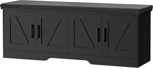 2-Tier Storage Bench, Shoe Bench with Padded Seat Cushion, Entryway Bench with 4 Barn Doors, Adjustable Shelf, 13.8" D x 47.2" W x 17.7" H, for Entryway, Living Room, Bedroom, Black-NeatNest