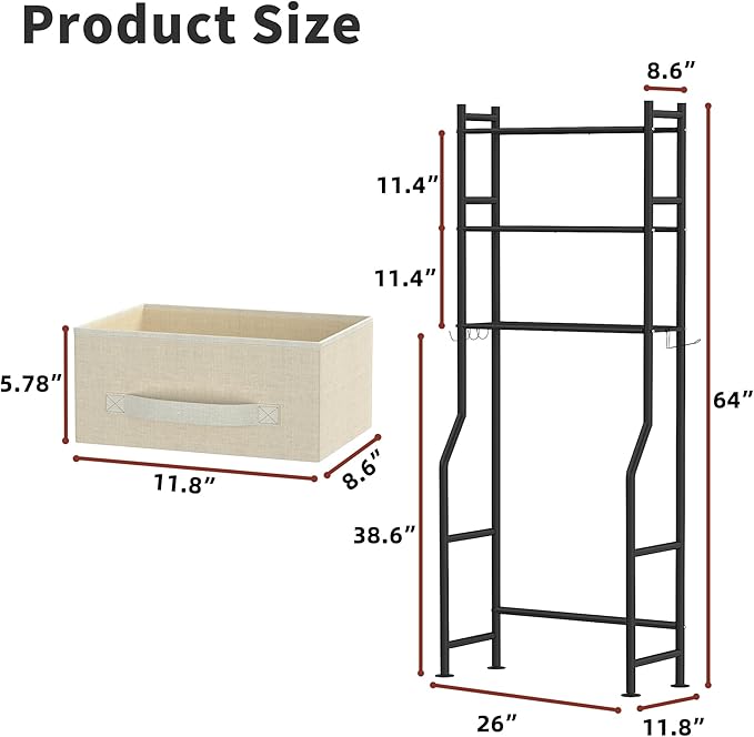 3 Tier Over The Toilet Storage Rack with 2 Basket, Metal Freestanding Bathroom Shelves Toilet with Paper Holder and 4 Hooks, Over Toilet Storage Shelf for Bathroom Storage, Black-NeatNest