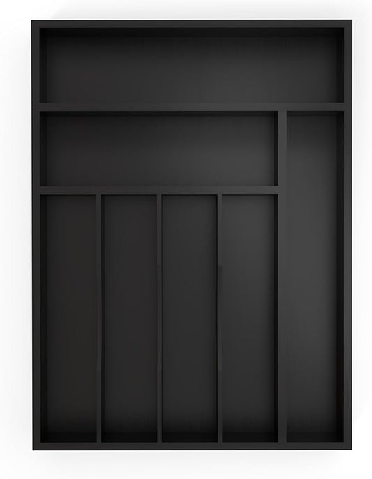 Bamboo Silverware Organizer, Kitchen Drawer Organizer, Utensil Holder, Cutlery Tray & Spoon Flatware Storage with Grooved Drawer Dividers ((7 Slots, Black)-NeatNest