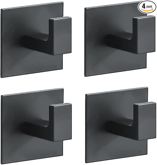 4 Pack Adhesive Black Towel Hooks Bathroom Shower Hook Robe Hanger Stickers Coat Hat Rack Square Metal Wall Hooks for Hanging