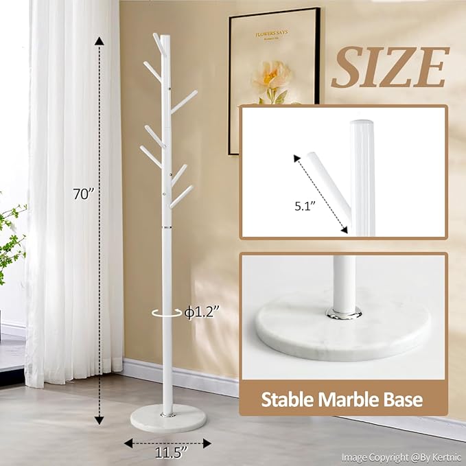 Kertnic Metal Coat Rack Stand, Free Standing Coat Rack with Stable Marble Base, High-Grade Coat Tree with 7 Hooks Metal Hall Tree Bedroom Floor Hat & Clothes Hanger (w White)-NeatNest