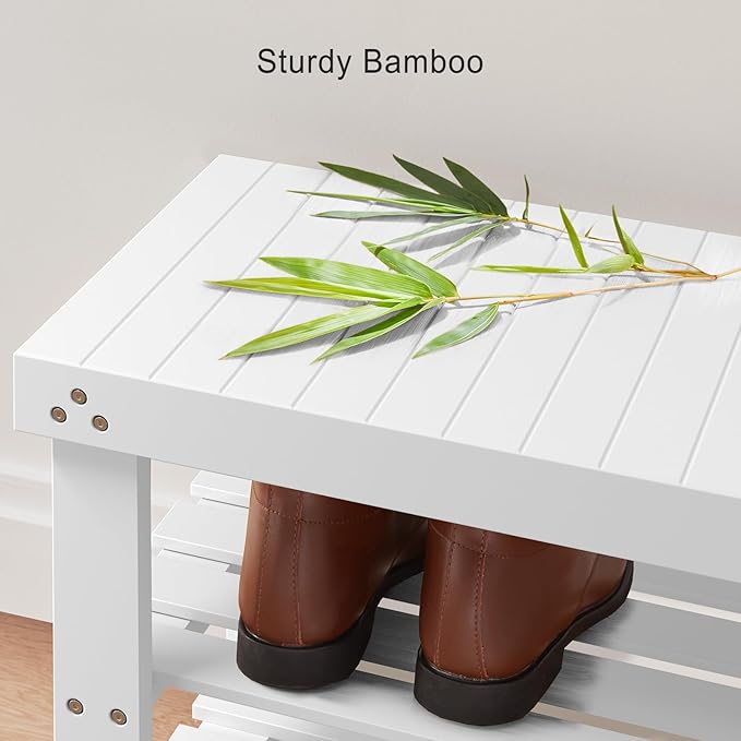 Pipishell Bamboo Shoe Rack Bench, 3-Tier Sturdy Shoe Organizer, Storage Shoe Bench, Holds up to 300lbs for Entryway Bedroom Living Room Balcony (White)-NeatNest