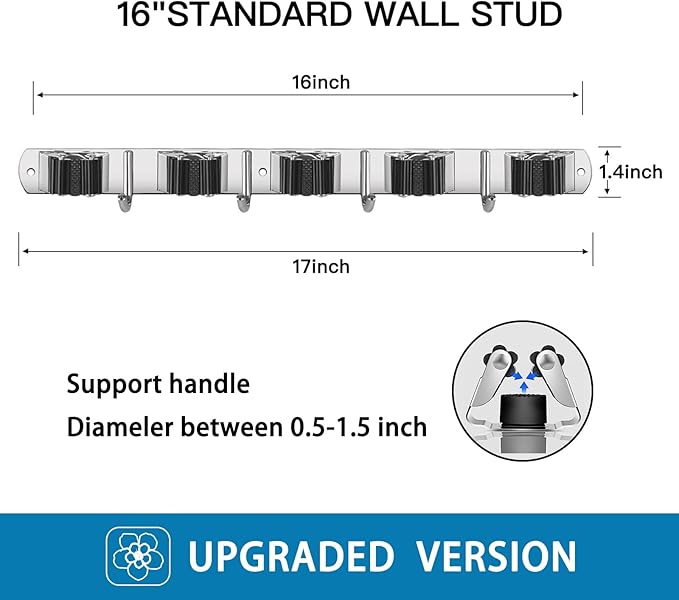Mop Broom Holder Wall Mount, Stainless Steel Broom Organizer Wall Mounted Self Adhesive, Garage Laundry Room Garden Organization Tool Storage Rack, Heavy Duty Hangers 5 Racks and 4 Hooks-NeatNest
