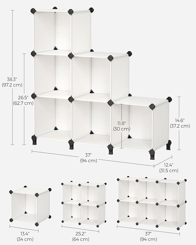 SONGMICS 6 Cube Storage Organizer, Modular Bookshelf, DIY Closet Organizers and Storage, Plastic Stackable Shelves, 11.8 x 11.8 x 11.8 Inch Cubes, with Feet and Rubber Mallet, Cream White ULPC111M01