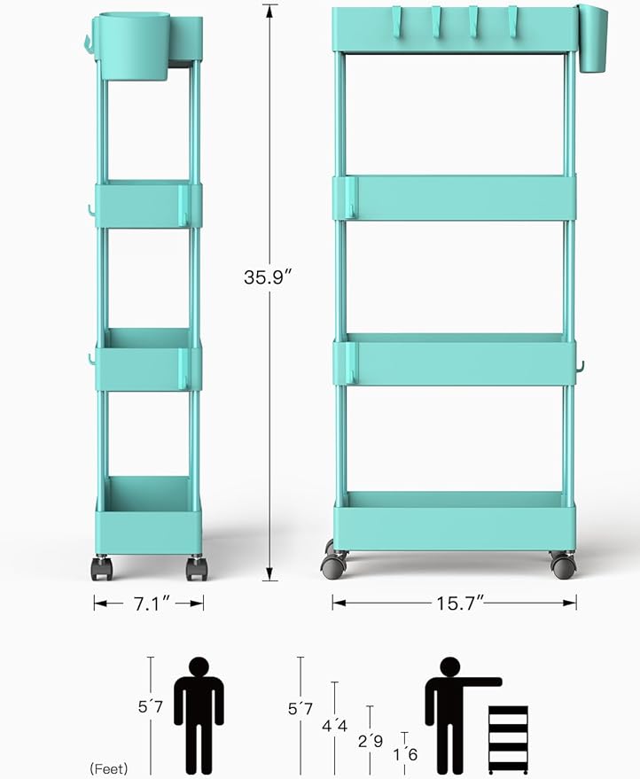 Pipishell Slim Storage Cart with Wheels, 4 Tier Bathroom Storage Organizer Rolling Utility Cart for Bathroom Kitchen Laundry Room Office Narrow Place (Turquoise)-NeatNest