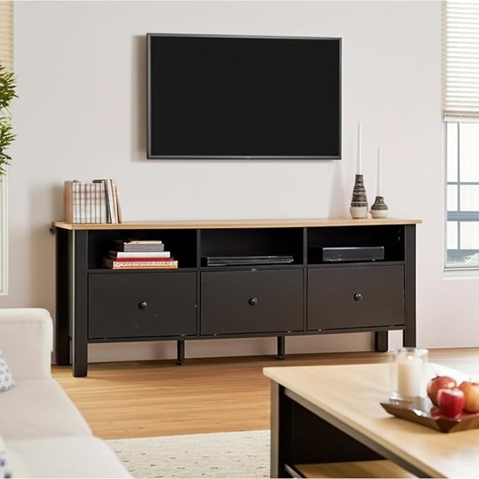 Black TV Stand, Entertainment Center for TVs Up to 55"/60"/65", Modern Media Console with 3 Cabinets for Living Room-NeatNest