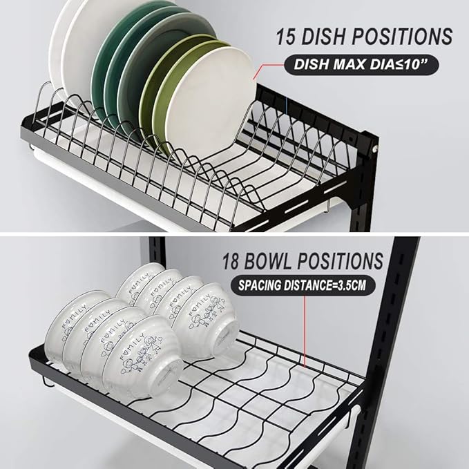 junyuan Hanging Dish Drying Rack Wall Mount,Dish Racks Drainer,3 Tier Kitchen Plate Organizer Storage Shelf with Drain Tray with 3 Hooks,Stainless Steel Black Large Ajustable Height