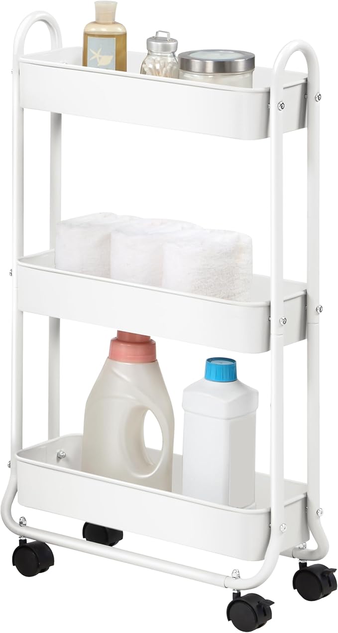 SunnyPoint Slim Rolling Storage Cart, 3 Tier Bathroom Storage Organizer Bathroom, Laundry Utility Cart (White)-NeatNest
