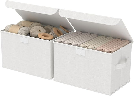 Foldable Storage Bin, Cube Organizer Basket with Flip-Top Lid and 2 Handles, Decorative Boxes for Shelves with Cover for Clothes, Towels, Blanket, 2 Pack, White, 13 x 9 x 7.9 In, XSNY12WM-2-NeatNest