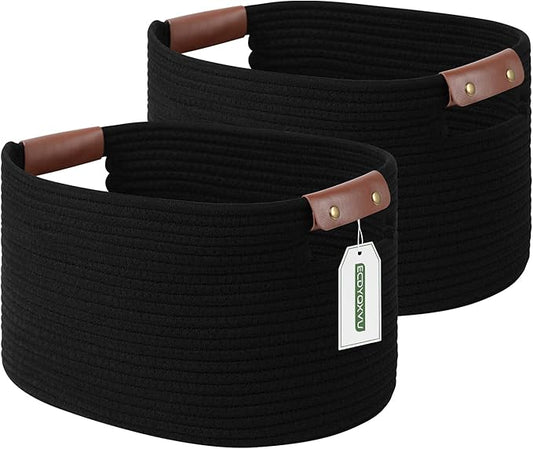 Cotton Rope Basket, Storage Baskets with Handle, 15x10x9 Inch Woven Basket for Shelves, Laundry, Towels, Clothes, Books, Toys (Black 2Pack)-NeatNest