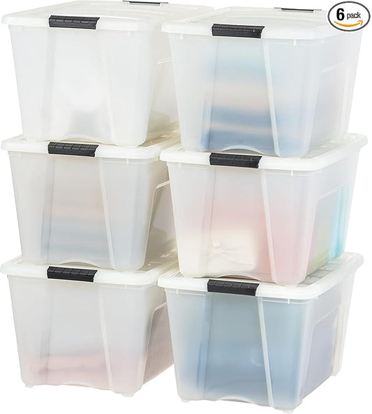 IRIS 158540 53 Quart Stack and Pull Storage Lidded Container Stacking System in Pearl for Home, Garage, or Office (6 Count)