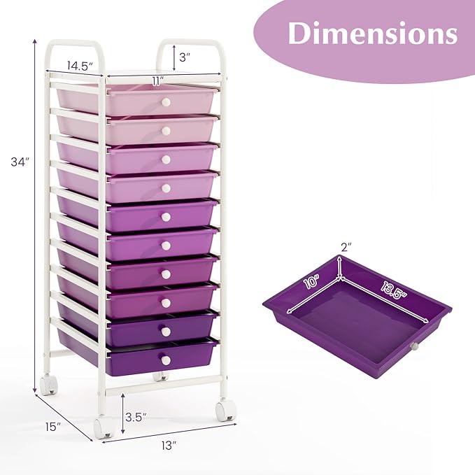 COSTWAY 10-Drawer Rolling Storage Cart, Utility Mobile Trolley with Removable Drawers & Universal Casters & 2 Brakes, Versatile Flexible Drawer Organizer Cart for Home, Office, Purple Gradient-NeatNest