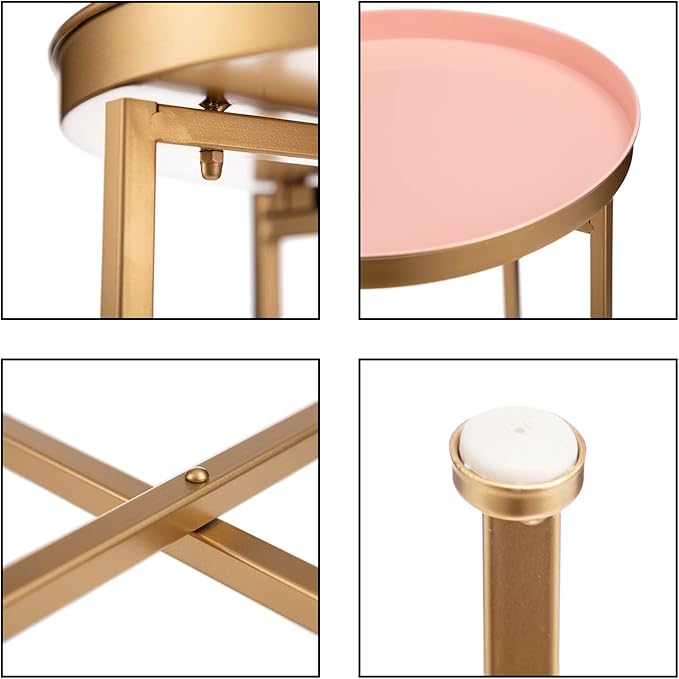 HollyHOME Small Round Metal End Table, Accent Indoor&Outdoor Coffee Side Table, Snack Sofa Table for Living Room, Anti-Rust Decorative Plant Stand, (D) 14.5" x(H) 25", Gold&Pink-NeatNest