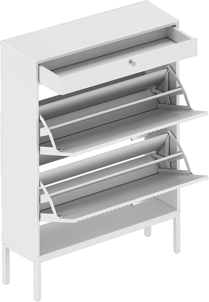XIAO WEI Shoe Cabinet, Shoe Storage Organizer Cabinet with 2 Flip Wavy Line Drawers, Freestanding Shoe Rack with Adjustable Shelf for Entryway, Hallway(White)-NeatNest