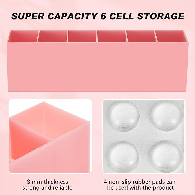 Jetec Acrylic Pen Holder 6 Compartments Makeup Brush Stationery Organizer Pencil Holder for Desk Accessories, Cosmetic Brushes, Dorm, Home, Bathroom, Kitchen, Office Supplies(Pink)-NeatNest