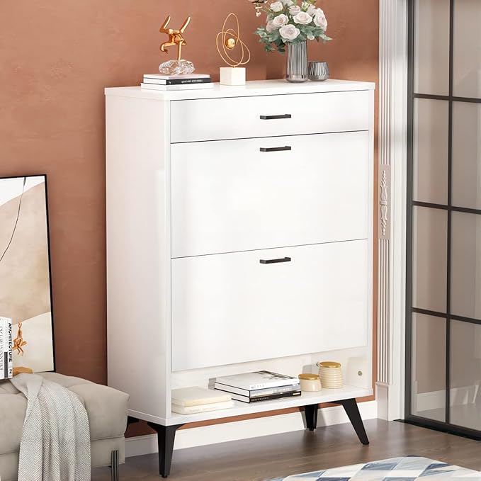 AWQM Shoe Storage Cabinet for Entryway, Free Standing Shoe Organizer with 2 Flip Drawers,Hidden Shoe Rack Storage Organizer for Doorway Hallway (White)-NeatNest