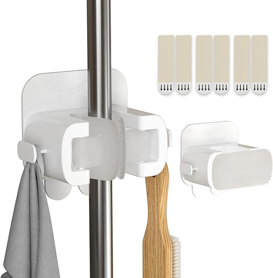 TAILI Mop and Broom Holder Wall Mount Grippers, 2 Hangers and 6 Adhesive Strips, Damage Free Hanging Wall Mount, Household Cleaning Organizer for Organization and Storage, Holds up to 4 lbs, White-NeatNest