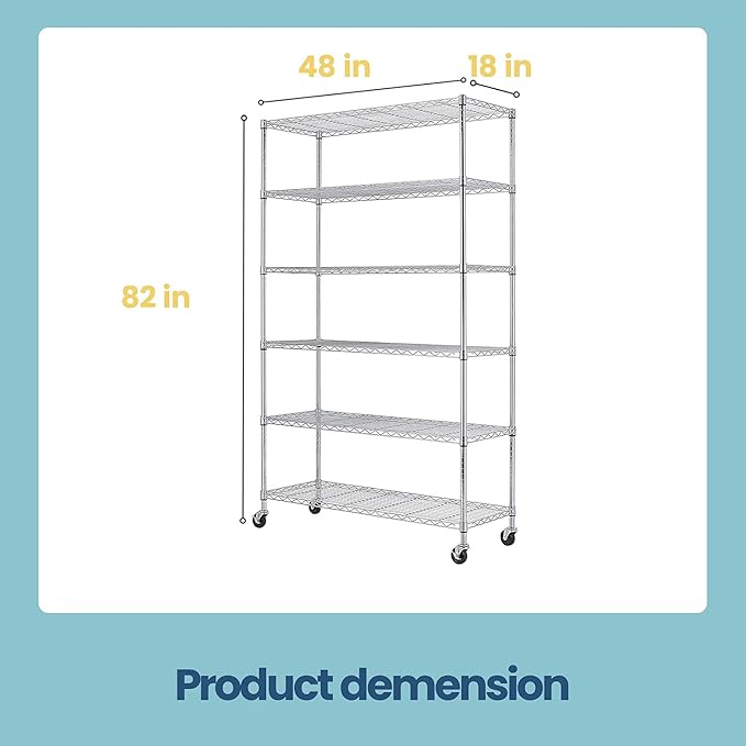 48" D×18" W×82" H Wire Shelving Unit Metal Shelf with 6 Tier Casters Adjustable Layer Rack Strong Steel for Commercial Restaurant Garage Pantry Kitchen Garage，Chrome-NeatNest