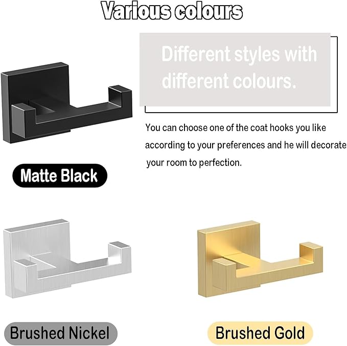 BOZWELL Double Towel Hooks for Bathroom Light Brushed Gold Wall Mount，Simple Modern Square Style Coat Robe Hook，Stainless Steel Heavy Duty Door Hanger for Bathroom Bedroom Kitchen Hotel Pool 1502-G-1