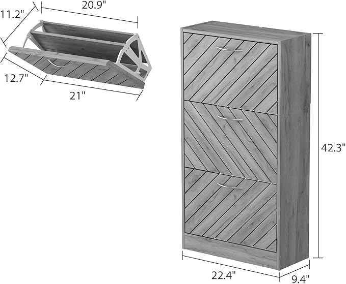 Homsee Modern Shoe Storage Cabinet with 3 Flip Drawers & Twill Louver Doors, Wood 3-Tier Shoe Rack Storage Organizer for Entryway, Hallway & Bedroom, Grey (22.4”L x 9.4”W x 42.3”H)-NeatNest