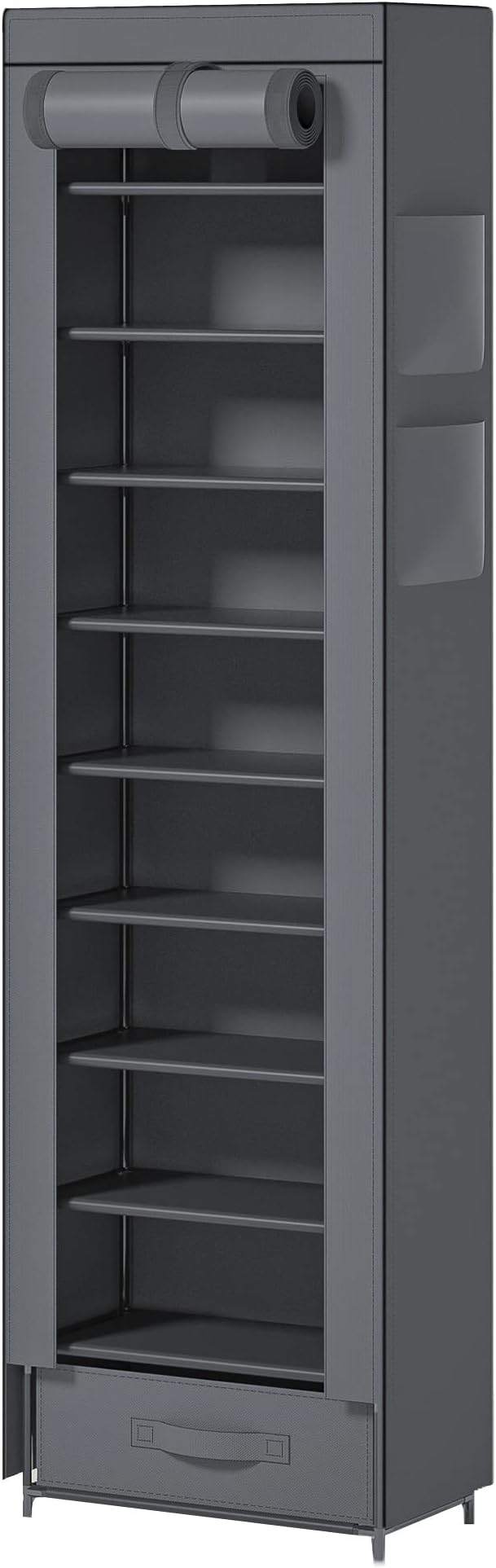 Shoes Rack 10 Tier Tall Narrow Shoe Rack with Bin Covered Shoe Shelf Storage Organizer Closet Stackable Shoe Stand-NeatNest