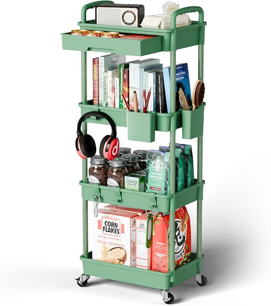 4 Tier Rolling Cart Organizer,Art Craft Diaper Bedside Snack Laundry Room Bathroom Organizer Narrow Thin Slim Rolling Trolley Utility Cart with Wheels for Kitchen,Office(Green)-NeatNest