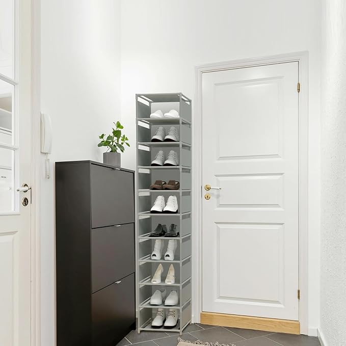 Vertical Shoe Rack, 10 Tier Grey Narrow Shoe Organizer for Closet Entryway, Tall Slim Shoe Tower for Small Spaces, Space Saving Corner Shoe Shelf-NeatNest