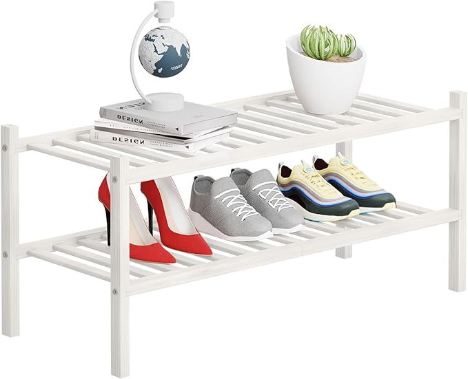 2 Tier Bamboo Shoe Rack Storage Organizer for Closet, Multifunctional Stackable Free Standing Shoe Shelf Organizer for Small Space,Entryway, Hallway, Bathroom27 x11 x13 (White, 2 Tier)-NeatNest