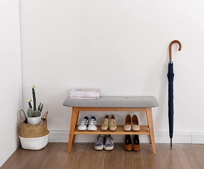 Bamboo Shoe Bench, Entryway Bench, 2 Tier Shoe Rack Bench (Nature,35.4'')-NeatNest