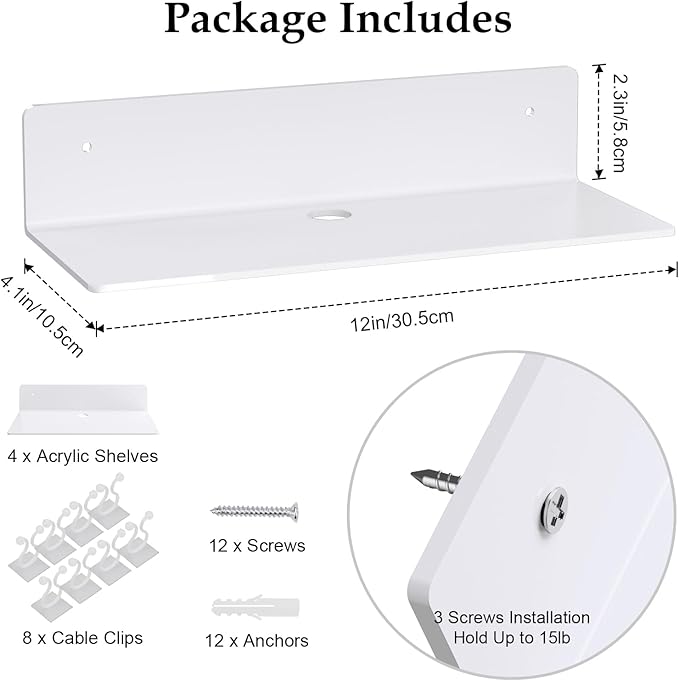 12" White Acrylic Floating Shelves, 4 Pack with Cable Clips, Small Floating Shelf for Expand Wall Display Space in Living Room, Bathroom, Gaming Room, Dorm Wall Decor-NeatNest