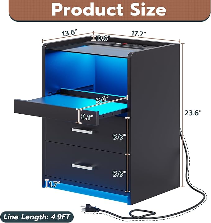 VIAGDO Nightstand with Charging Station and LED Lights, Black Night Stand with Glass Top and Storage Drawers, End Side Tables with Pull-Out Tray and USB Ports, Modern Bedside Tables for Bedroom