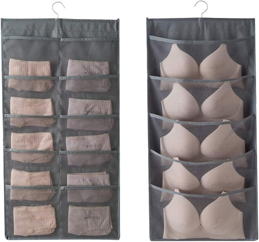 Enlarged Closet Hanging Bra Organizer with Rotating Metal Hanger, Dual Sided Wall Shelf Wardrobe Mesh Pockets Hanging Storage Bag for Bra Socks Underwear Underpants-NeatNest