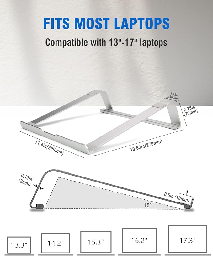 Enhanced Stability Laptop Stand for Desk, Ergonomic Aluminum Laptop Riser, Computer Stand for Laptop, Compatible with 12 13.3 14.2 15.3 16.2 Inches MacBook Pro Air/Dell/HP (Silver)