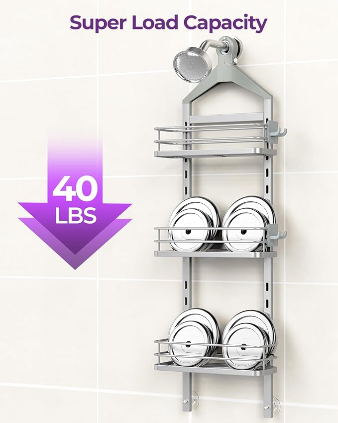 ODesign 3 Tier Height-Adjustable Shower Caddy Hanging Anti-Swing-Over The Shower Head Caddy-Storage Organizer Bathroom Shelves Basket-Silver