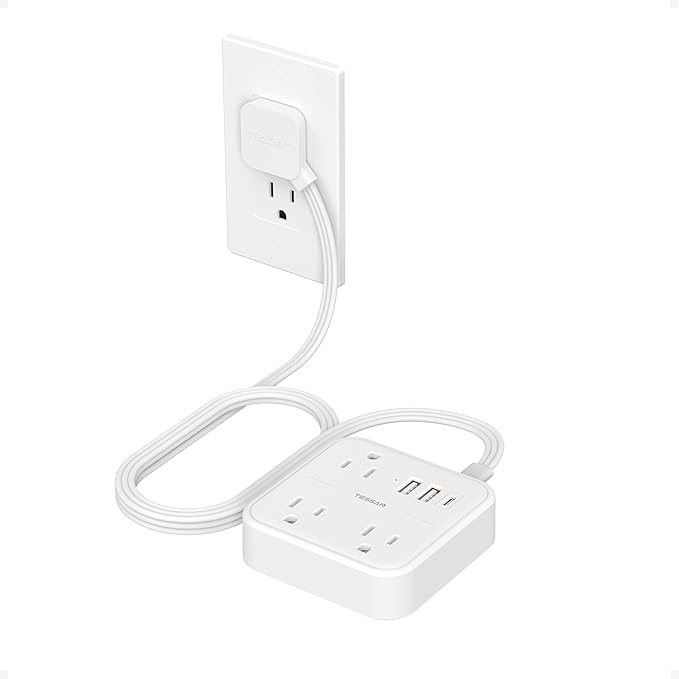 Extension Cord with Multiple Outlets 5 FT, TESSAN Small Flat Plug Power Strip with 3 USB (1 USB C) and 3 AC, Surge Protector Charging Station for Office, School, Dorm Room Essentials, White-NeatNest