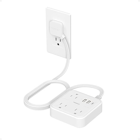 Extension Cord with Multiple Outlets 5 FT, TESSAN Small Flat Plug Power Strip with 3 USB (1 USB C) and 3 AC, Surge Protector Charging Station for Office, School, Dorm Room Essentials, White-NeatNest