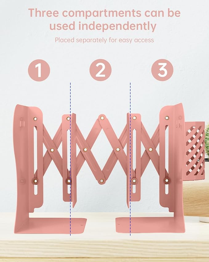 Honagu Adjustable Bookends, Metal Book Ends for Shelves Heavy Book, Desk Magazine File Organizer for Home, Office, Books, Papers, Extends up to 19 inches with Pen Holder (Pink)