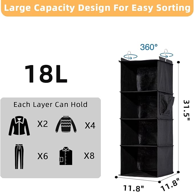 2 Packs Hanging Closet Organizer, 4-Shelf Closet Organizers and Storage with Side Pockets, Collapsible Hanging Shelves for Closet & RV & College Dorm,Black-NeatNest
