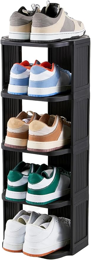 Small Shoe Rack, 5 Tier Plastic Vertical Shoe Rack for Small and Narrow Spaces, Free Standing Shoe Organizer for Closet, Entryway (Black)-NeatNest