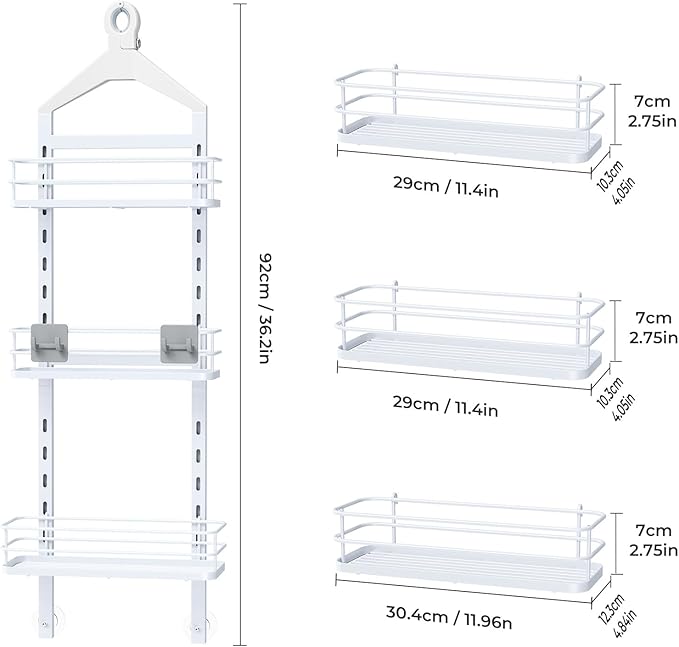 ODesign 3 Tier Height-Adjustable Shower Caddy Hanging Anti-Swing-Over The Shower Head Caddy-Storage Organizer Bathroom Shelves Basket - White