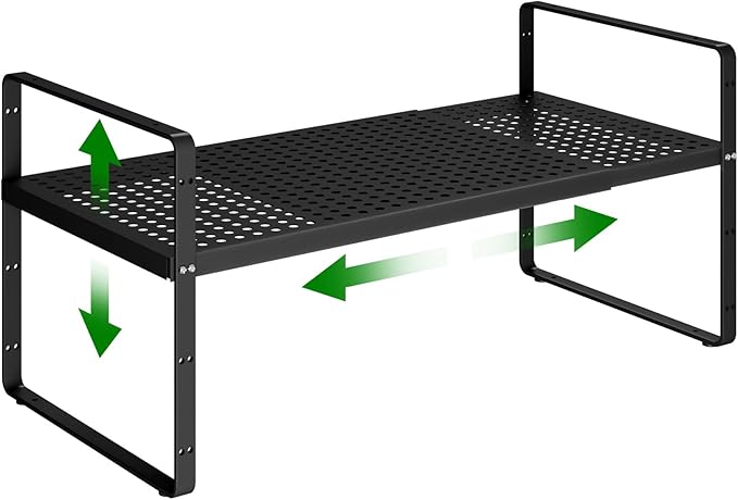 Expandable Kitchen Cabinet Shelf Organizer Rack Heavy Duty Metal Spice Rack Stackable Kitchen Counter Storage Shelf for Kitchen Cabinet Pantry Bathroom (Black - 16.5"-27" L x 10.2" W x 9.6" H - 1Pack)-NeatNest