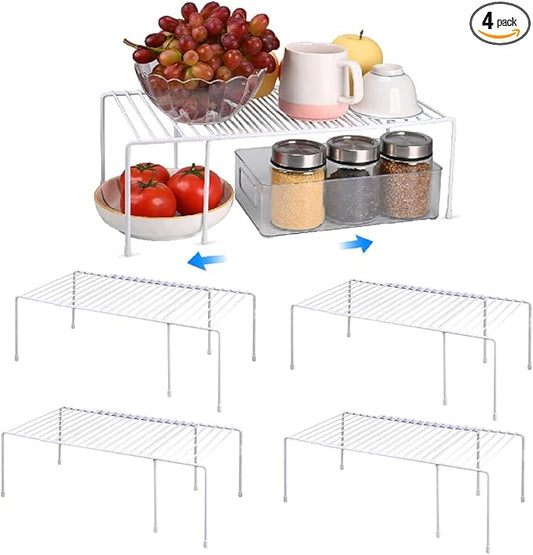 4-Pack Expandable Medium (13.4-25.1x9inch) Kitchen Organizer Rack, Kitchen Shelves for Spice Organization for Cabinet, Pantry Organizers and Storage, Spice Rack, Desk Organizer, White