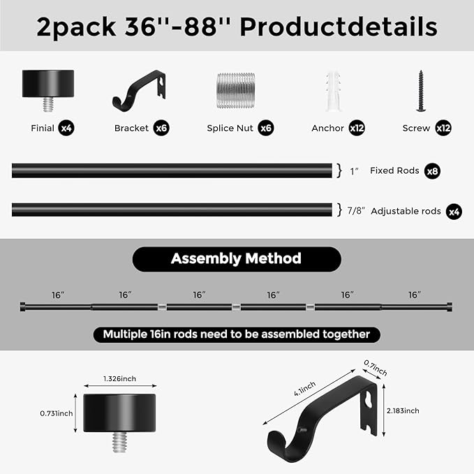 2 Pack Curtain Rods for Windows 48 to 84 Inch(4-7 Feet),Black 1'' Diameter Drapery Rods with End Cap Style Design,Modern Adjustable Heavy Duty Curtain Rod,Size:36''-88''