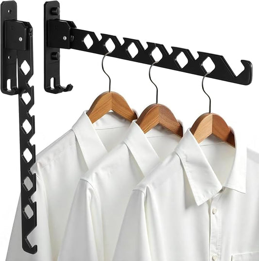 2 Pack Wall Mount Coat Hanger Holder Black Clothes Drying Organizer Rack Garment Hooks Aluminium Retractable Folding Indoor Wall Mounted Hanger Space Saver for Laundry Room Bedroom Black-NeatNest