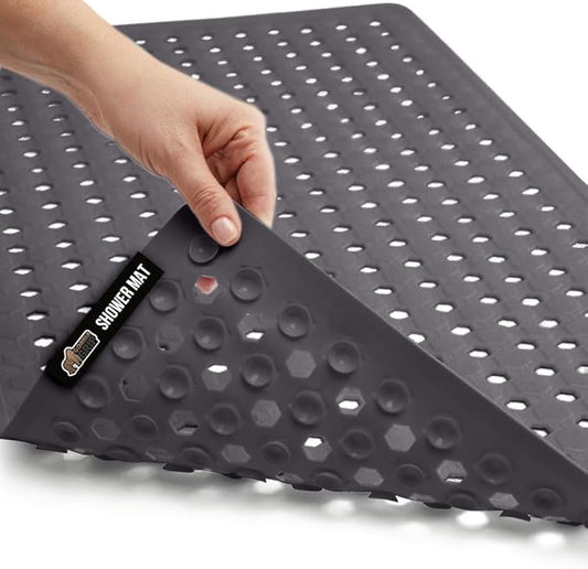 GORILLA GRIP Patented Bath Tub Shower Mat, Machine Washable Bathtub Floor Liner Mats, Suction Cups and Drain Holes to Keep Tubs Clean, Soft on Feet, Bathroom Essentials, 35x16 Inch, Charcoal Opaque-NeatNest